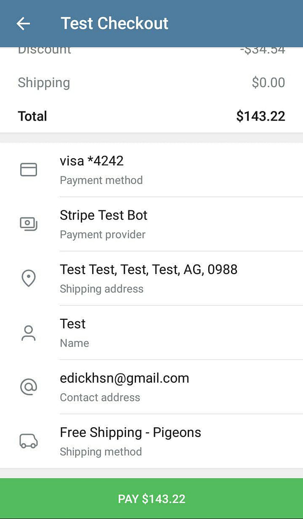 Telegram 7.7 Güncellemesi ile gelen Payments 2.0 örnek ödeme ekranı.